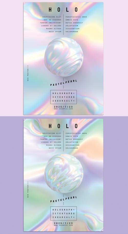 Holographic Poster Design Layout with Abstract Pastel Liquid Metal Shape  - 422821025