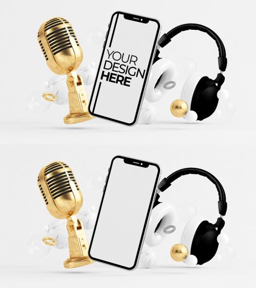 Phone Mockup Surrounded by Microphone and Headphones  - 423275328