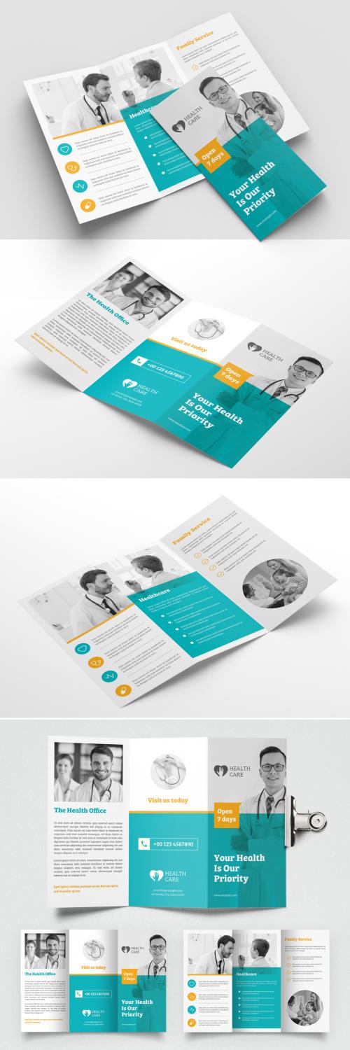 Medical Tri-Fold Brochure Layout with Yellow and Turquoise Accents - 424037920