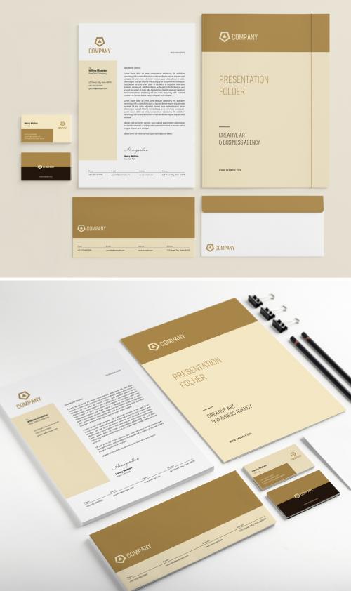 Stationery Set Layout with Golden Accents - 424037925