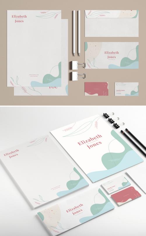 Stationery Set Layout with Natural Design Elements - 424038782