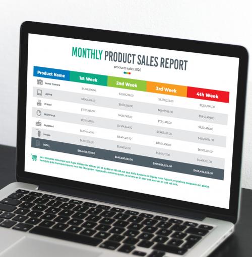 Monthly Product Sales Report with Colorful Table - 424542068