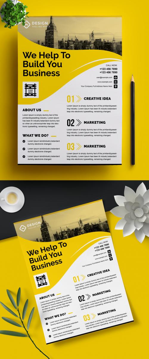 Corporate Flyer Layout with Graphic Elements and Yellow Accents - 426159696