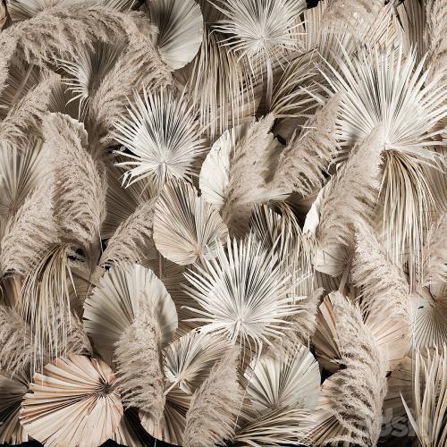 Vertical garden of dried flowers, pampas grass, dry palm branches, Cortaderia Bouquet and dry reeds. 283.