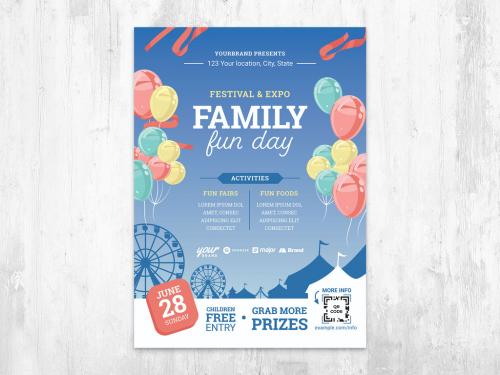 Family Fun Day Poster Flyer with Balloons and Fairground Illustration - 427483587