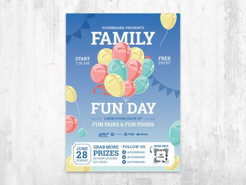 Family Fun Day Birthday Flyer Poster Layout with Balloons and Fairground Illustration - 427483690