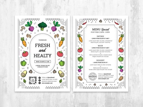 Vegan Menu for Vegetarian Restaurant with Fruit and Vegetable Illustrations - 427483733