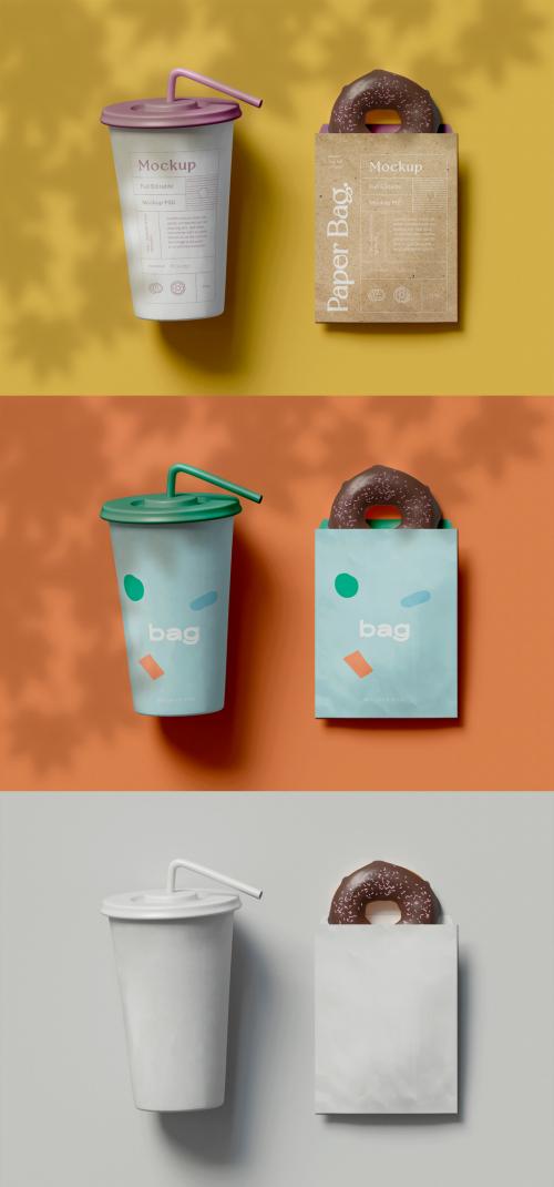 Paper Cup with Bag and Donut Mockup - 427702238