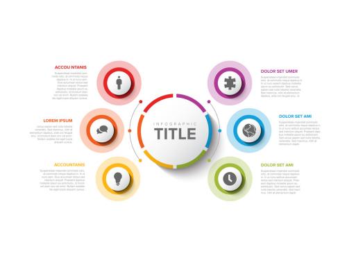 Simple Infographic with Big Center Circle and Six Small Icon Elements - 427956900