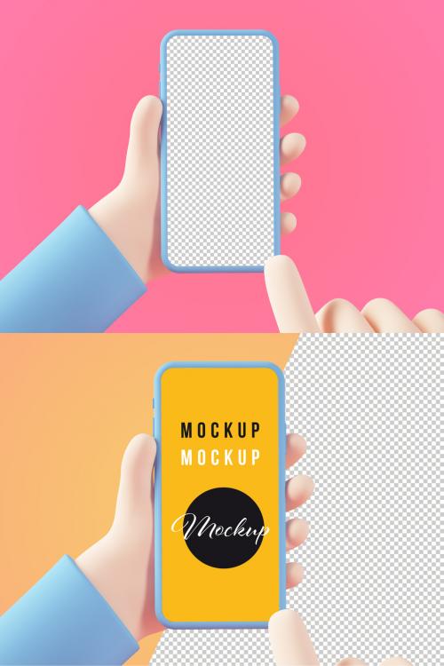 Isolated Cartoon Hands Holding and Touching a Smartphone Mockup - 427962750