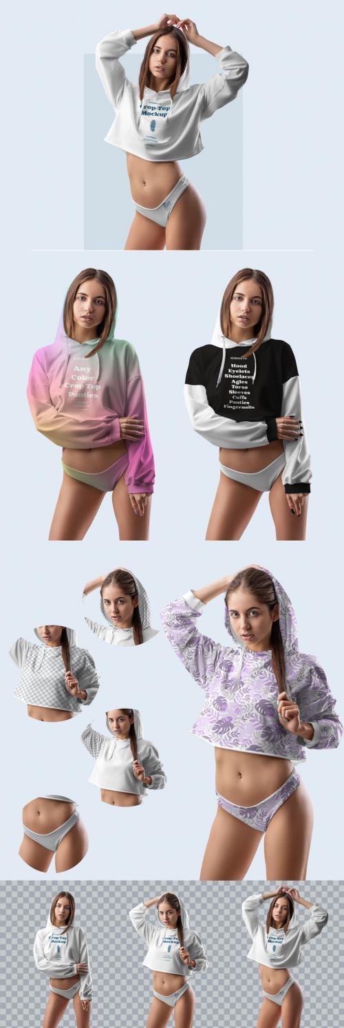 3 Women's Crop-Top Hoodie and Panties Mockups - 429278539