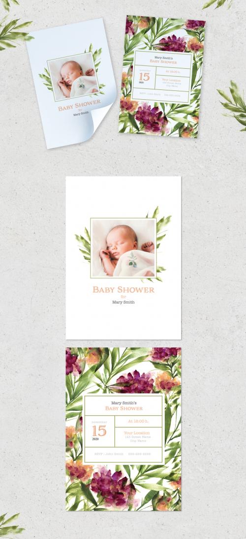 Baby Shower Watercolor Style Invitation Layout - 429452369