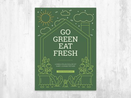 Vegan Eat Green Flyer Card with House Sun and Organic Garden - 429642393