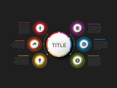 Simple Dark Infographic with Big Center Circle and Six Small Icon Elements - 429649832