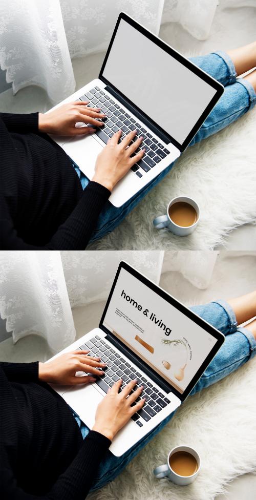 Woman Using Laptop Mockup - 430430389