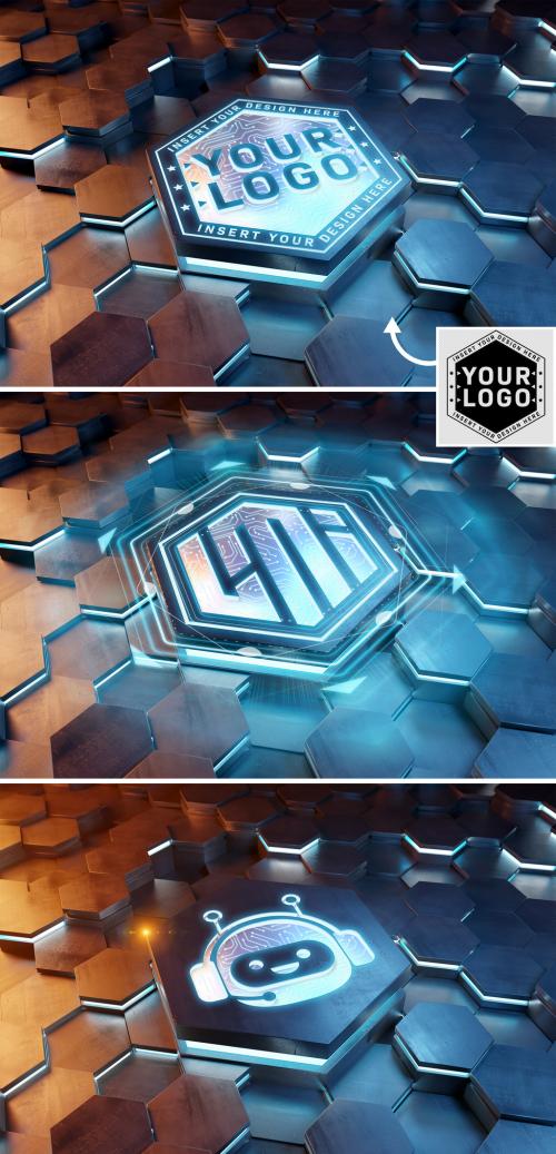 Logo Mockup on Futuristic Hexagon Pedestal with Glowing Effect - 430463294