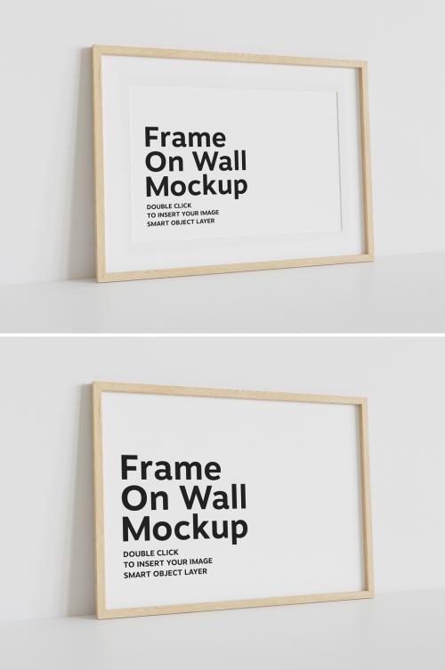 Wood Frame Mockup Leaning on White Wall - 430464627