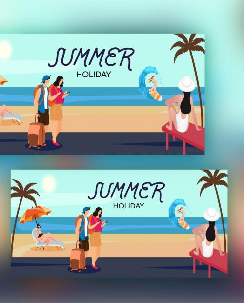 Summer Holiday Concept with Character of Swimmer, Surfer and Tourist on Sun Beach View Background - 431750518