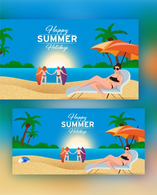 Beautiful Sun Beach Background with Swimmer and Surfer Character for Happy Summer Holiday - 431750519