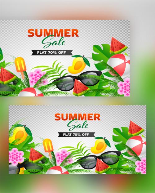 Summer Sale Banner Design with 70% Discount Offer, Realistic Fruit, Goggles, Ice Cream, Beach Ball, Tropical Leaves and Paper Flower - 431750536