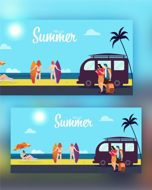 Hello Summer Concept with Character of Swimmer, Surfer, Tourist and Travel Van on Sun Beach Background - 431750551