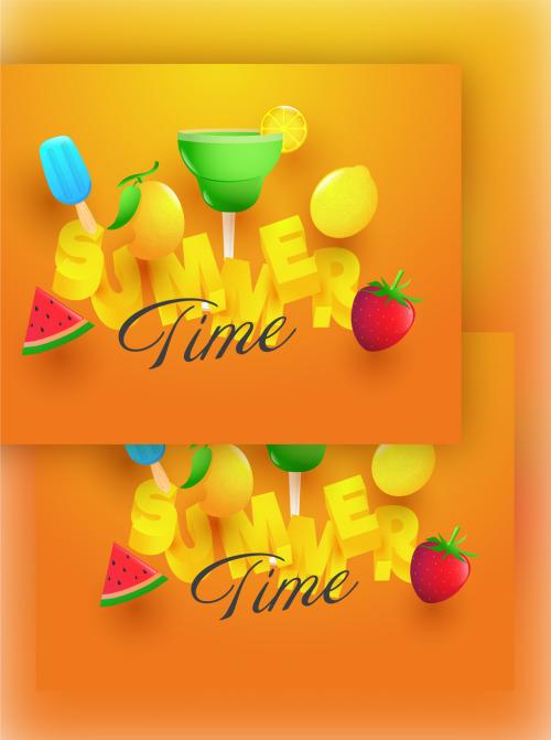 3D Summer Text with Realistic Fruits, Ice Cream and Lemonade Cocktail on Orange Background - 431750552