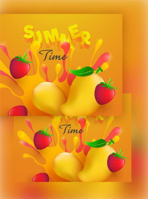 3D Summer Text with Realistic Mangoes, Strawberries and Splash Effect on Dark Yellow Background - 431750579