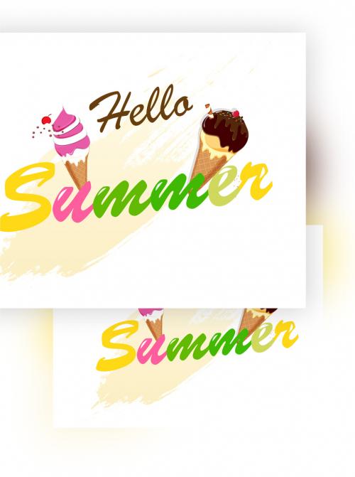 Colorful Hello Summer Font with Ice Cream Cones and Yellow Brush Effect on White Background - 431750591