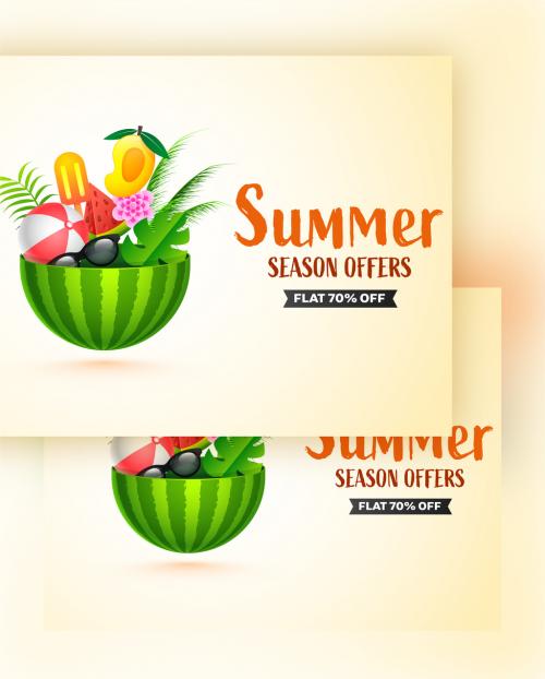 Flat 70% Off for Summer Season Offers with Realistic Beach Elements on Half Watermelon - 431750596