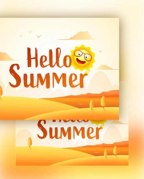 Hello Summer Text Written by Brown Brush with Cartoon Sun on Desert Landscape Background - 431750608