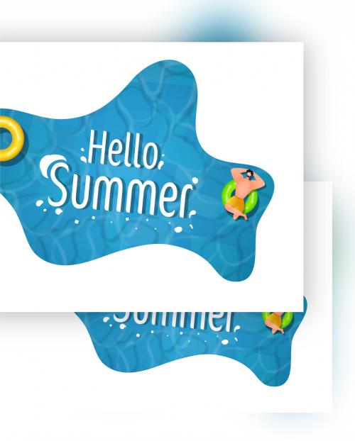 Paper Cut Hello Summer Text with Top View Relaxing Man Character in Swimming Pool - 431750659