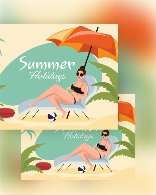 Summer Holidays Font with Swimmer Woman Relaxing at Beach Lounger on Yellow Background - 431750665