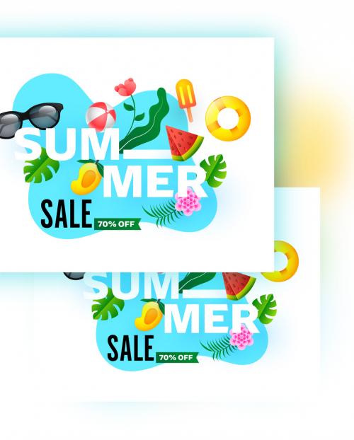 Summer Sale Poster Design with 70% Discount Offer and Realistic Beach Elements on Blue and White Background - 431750684