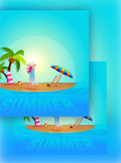 Beautiful Sun Beach Background with Realistic Elements and Modern Girl - 431750711