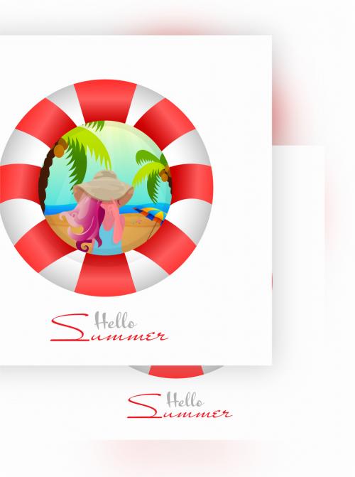 Hello Summer Concept with Swimming Ring and Young Girl Character on Beach View - 431750722