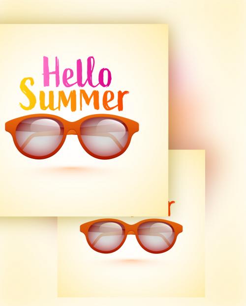 Hello Summer Text Written by Pink and Orange Brush with Realistic Goggles on Yellow Glossy Background - 431750748