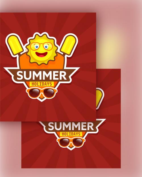 Sticker Style Summer Holiday Badge or Shield with Cartoon Sun, Ice Creams and Goggles on Red Rays Background - 431750753