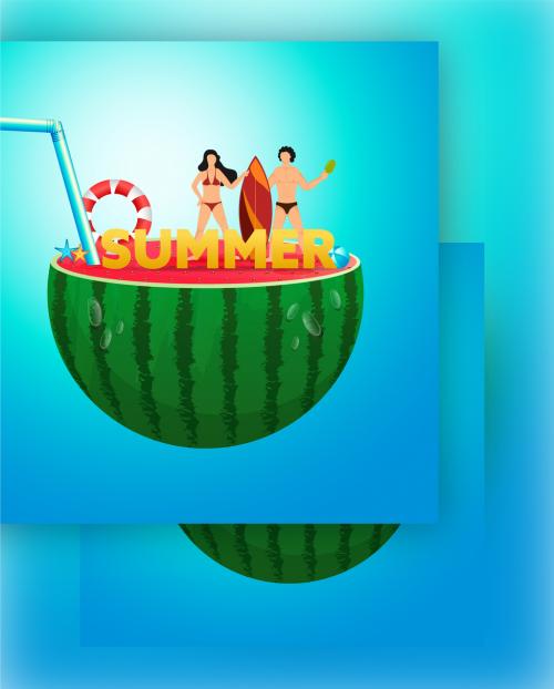 Summer Text with Surfer Couple Character and Beach Elements on Half Watermelon with Straw - 431750758
