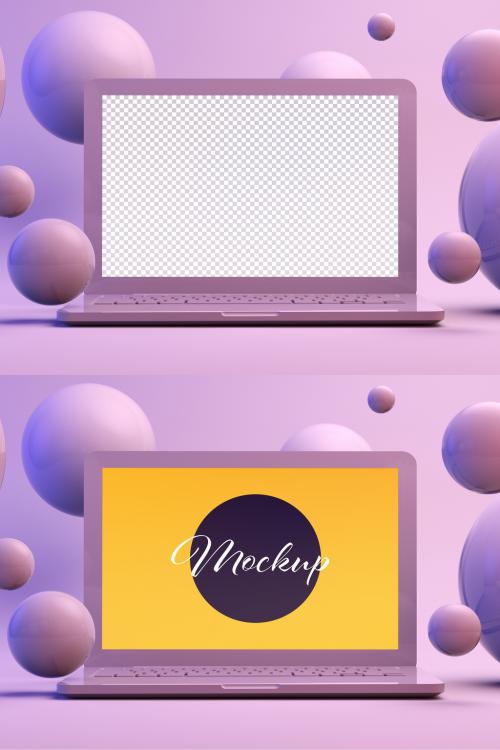 Standing Laptop Computer on a Purple Background with Spheres Mockup - 433269103