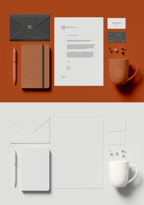 Top View of Stationery Set with Coffee Cup Mockup - 433486290