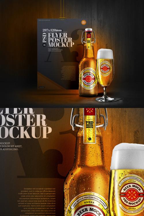 Cold Beer Bottle Mockup - Brown, Long Neck, 12Oz, 33Cl, A3, Poster, Dark Scene - 434166869