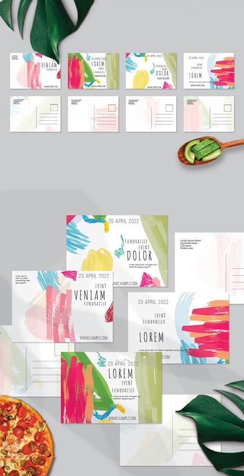 Postcard Layout with Bright Abstract Strokes for Universal Fundraiser Event - 434577722