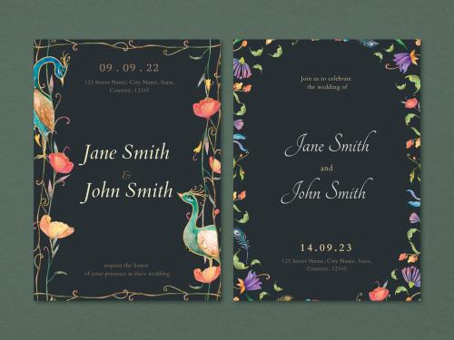 Invitation Card Templates with Peacocks and Flowers Watercolor Design - 434788357