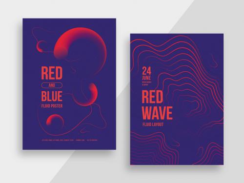 Red and Blue Abstract Poster Layout with Wavy Lines - 435443016