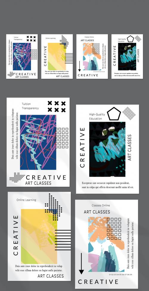 Flyer Layout with Black Geometric Shapes and Abstract Bright Rectangle on White - 435658362