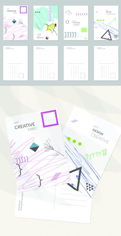 Postcard Layout with Hand Drawn Abstract Floral Doodles and Geometric Shapes - 435658410