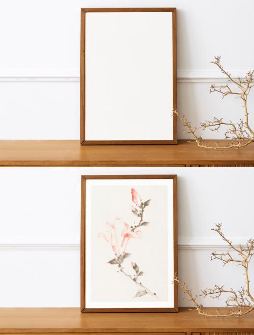 Picture Frame Mockup on a Wooden Sideboard Table - 435660309