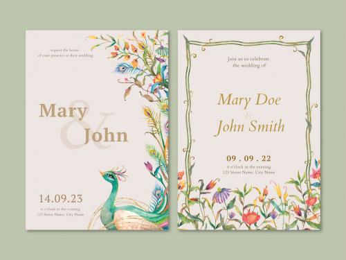 Editable Watercolor Peacocks and Flowers Invitation Card Layout - 435683471