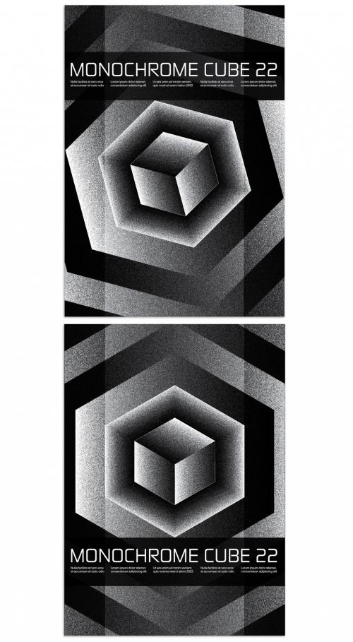 Monochrome Isometric Cube Poster Design Layout with Stipple Effect - 436883943