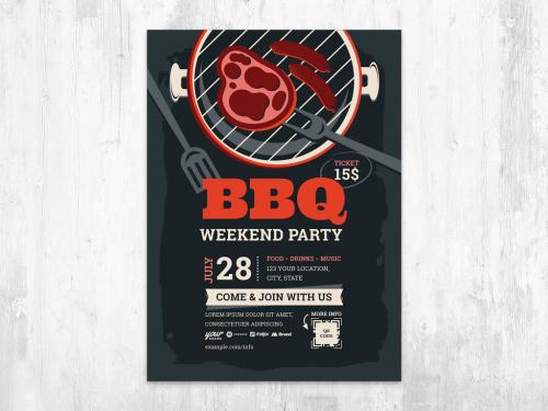 Barbeque Flyer with Meat and Sausages on Bbq Grill - 436886290